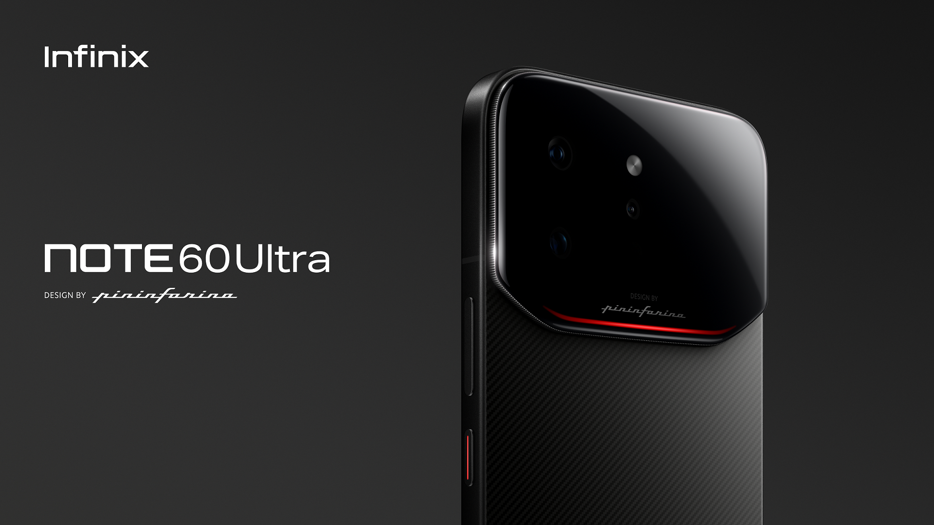 هاتف Infinix Note 60 Ultra بتصميم فاخر مستوحى من سيارات السباق بالتعاون مع Pininfarina مع خامة كربونية ولمسات رياضية حمراء.