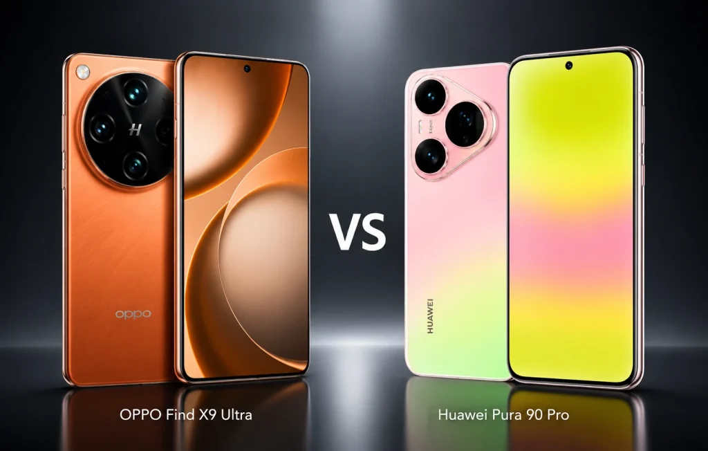 OPPO Find X9 Ultra مقابل Huawei Pura 90 Pro في مقارنة مباشرة توضح تصميم الهاتفين من الأمام والخلف مع إبراز الاختلاف في الكاميرا والشاشة ضمن صورة مقارنة احترافية لعام 2026.