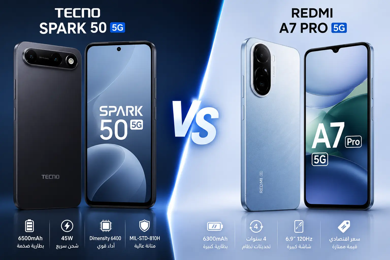 Tecno Spark 50 5G vs Redmi A7 Pro 5G: أيهما أفضل هاتف اقتصادي