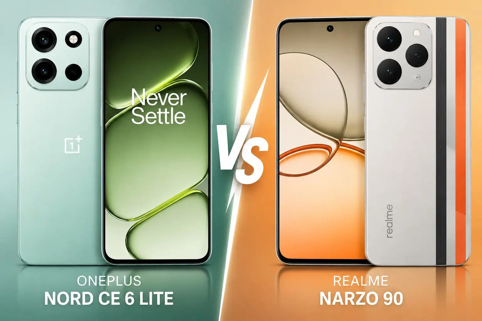 صورة مقارنة بين هاتفي OnePlus Nord CE 6 Lite و Realme Narzo 90 مع عرض التصميم الأمامي والخلفي لكلا الهاتفين وشعار VS في المنتصف.