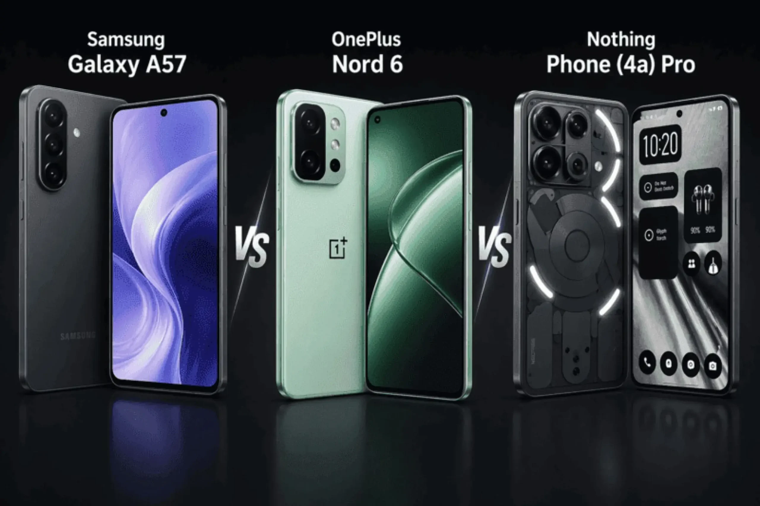 مقارنة بين هواتف Galaxy A57 وOnePlus Nord 6 وNothing Phone (4a) Pro تُظهر اختلاف التصميم والشخصية بين الفخامة والأداء والابتكار في الفئة المتوسطة لعام 2026.
