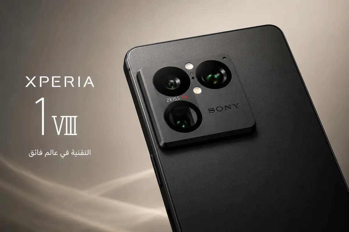 هاتف Sony Xperia 1 VIII باللون الأسود مع كاميرا احترافية بعدسات ZEISS وتصميم فاخر بخلفية رمادية أنيقة