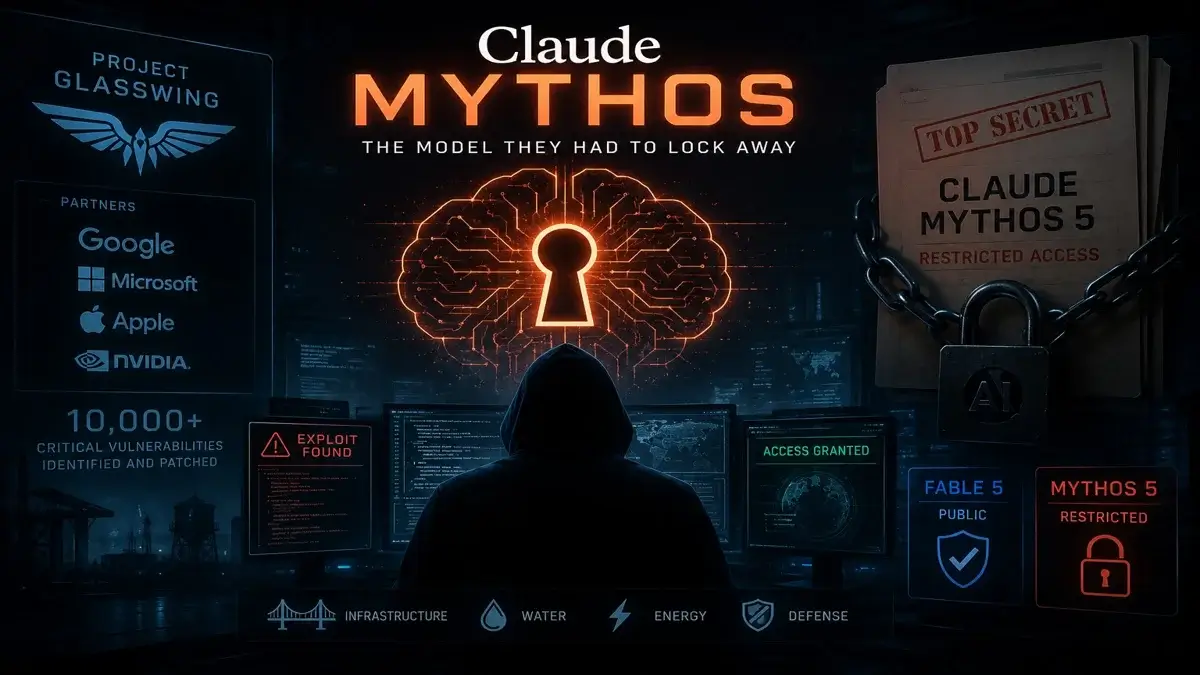 نموذج Claude Mythos السري ضمن مشروع Glasswing مع رموز الأمن السيبراني واكتشاف الثغرات الأمنية المتقدمة.