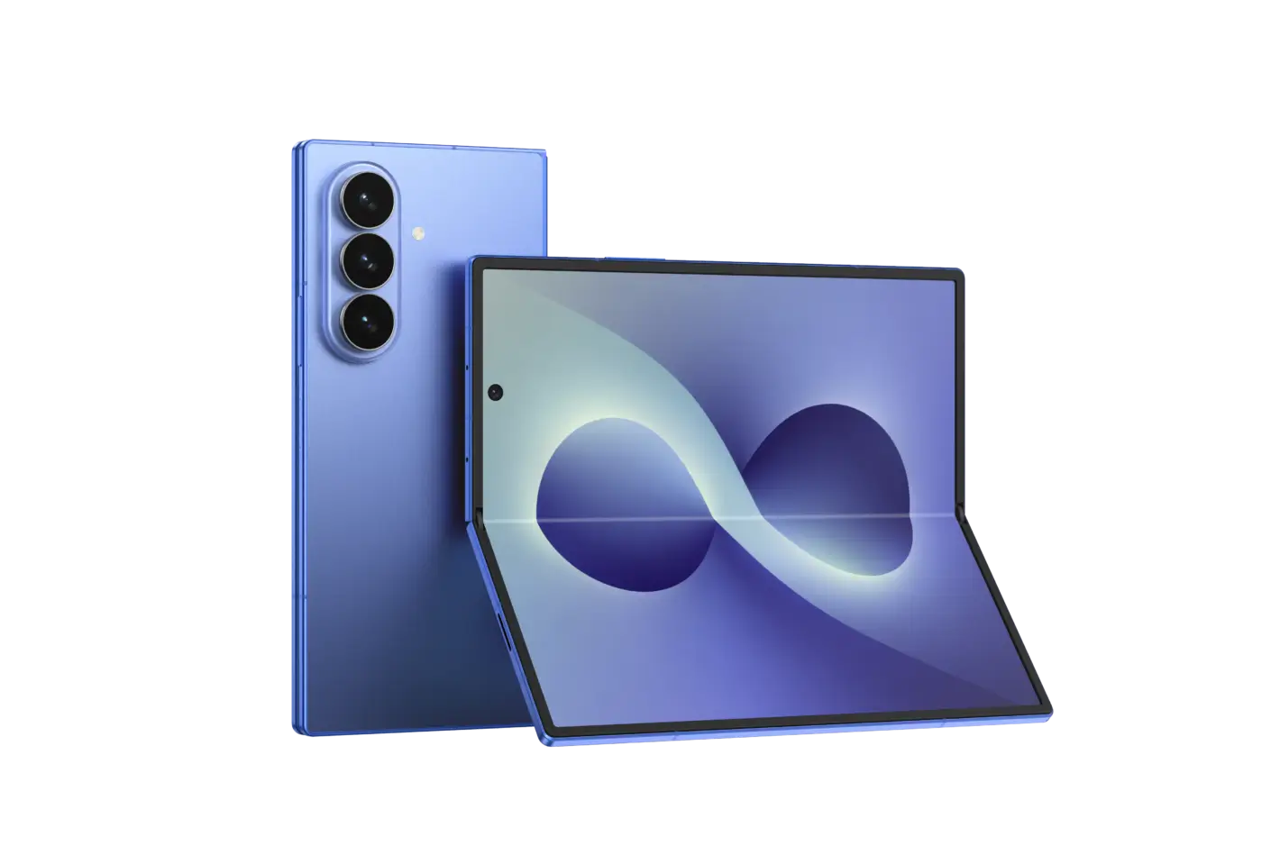 هاتف Samsung Galaxy Z Fold 8 Ultra القابل للطي باللون الأزرق يظهر في وضعية الفتح مع شاشة داخلية كبيرة وتصميم نحيف وكاميرات خلفية ثلاثية.