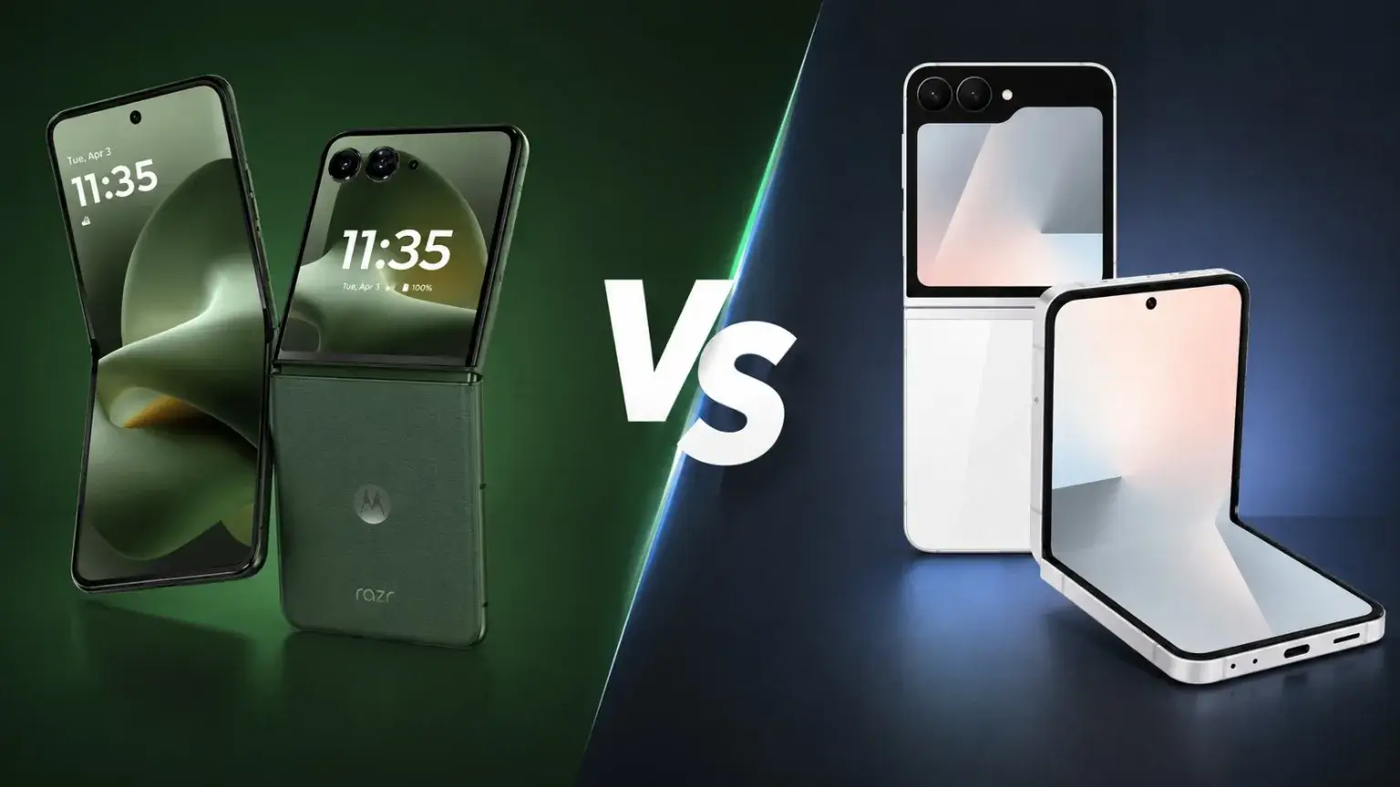 مقارنة بين هاتف Motorola Razr 2026 القابل للطي وهاتف Samsung Galaxy Z Flip بتصميم شاشة منقسمة مع شعار VS في المنتصف