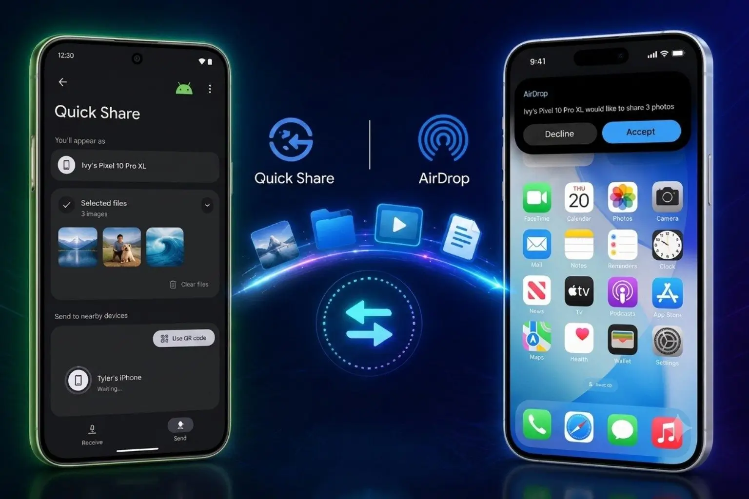 ميزة Quick Share من جوجل وAirDrop من أبل لتبادل الملفات بين هواتف أندرويد وآيفون