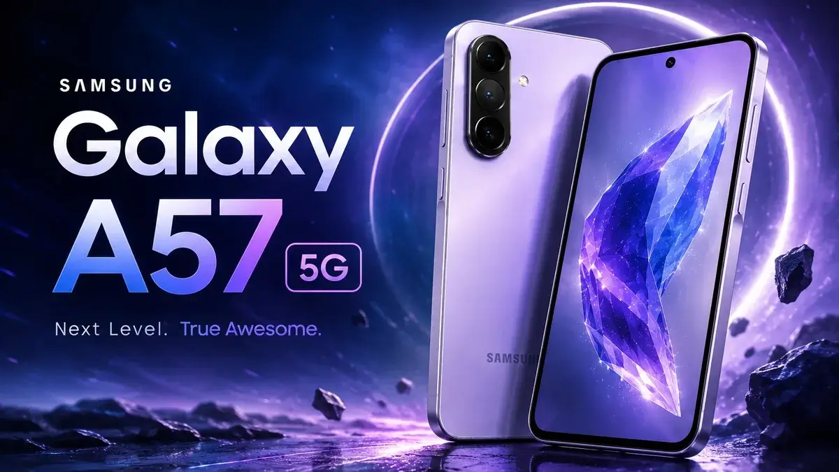 : Samsung Galaxy A57 5G بتصميم مميز وخلفية مستقبلية باللون البنفسجي.