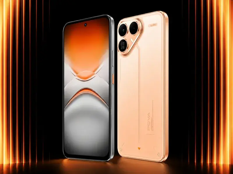 هاتف Tecno Pova 8 باللون البرتقالي مع شاشة AMOLED أمامية وتصميم خلفي مميز وشاشة Alive Matrix التفاعلية على خلفية تقنية مضيئة