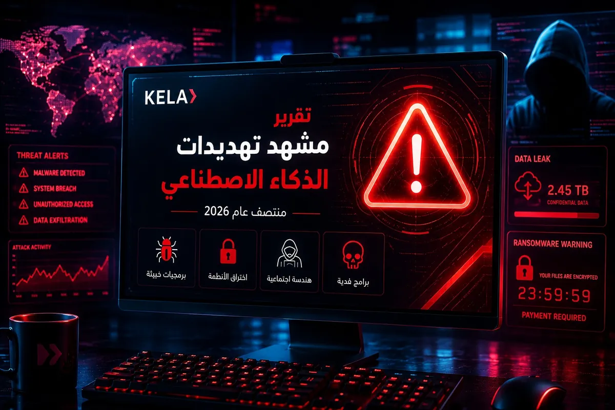 واجهة رقمية تعرض تحذيرات أمنية عن تهديدات الذكاء الاصطناعي والهجمات السيبرانية وفق تقرير KELA لعام 2026